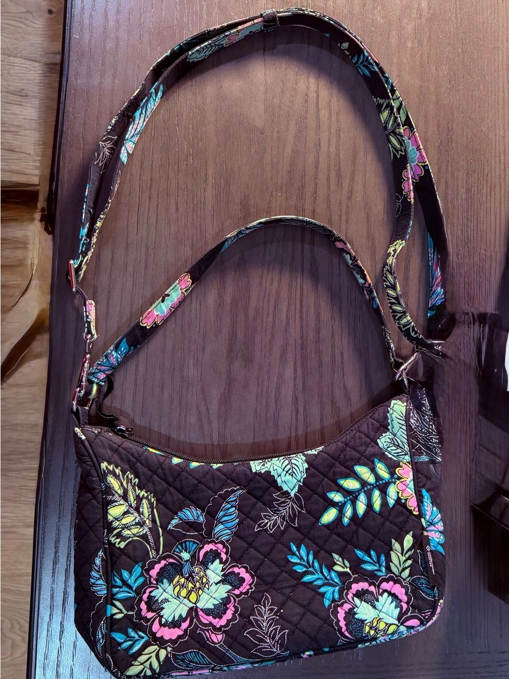 Vera Bradley Quilted Shoulder Bag - Black with Teal & Pink Floral - Picture 4 of 7